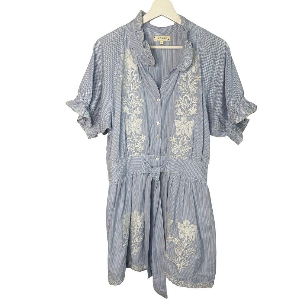 Stark Embroidered Ruffle Trim Short Sleeve Mini Shirtdress Blue White Women's S - Picture 2 of 10